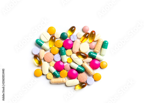 Different medicine pill tablet set isolated on white background