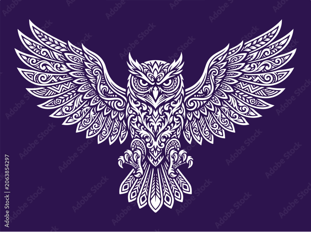 Fototapeta premium Intricate Owl Mandala Illustration with Spread Wings on Purple Background.