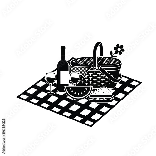 Picnic Basket with Wine and Food on a Blanket.