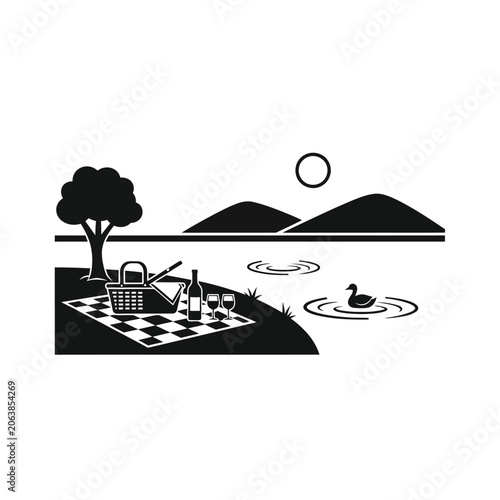 Picnic by the Lake with Duck and Mountains.