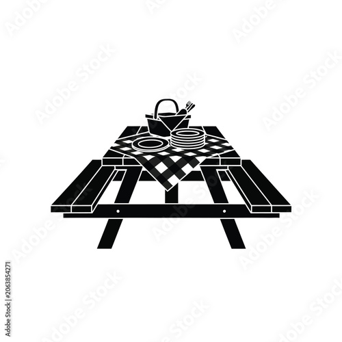 Picnic Table with Food and Basket.