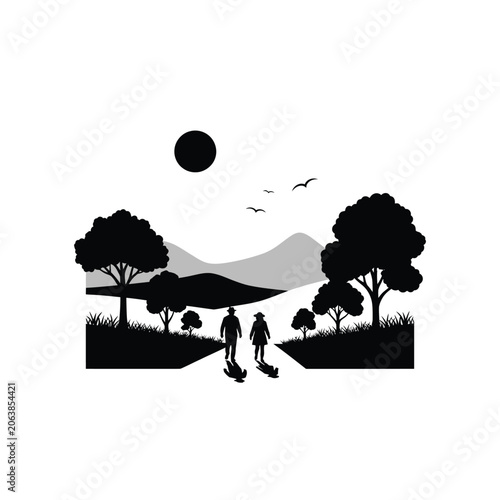 Silhouette of a couple walking on a path towards mountains.