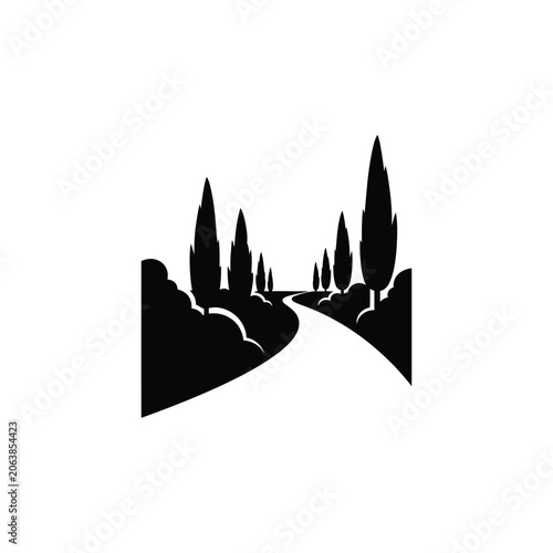 Silhouette of a Winding Road Lined with Cypress Trees.