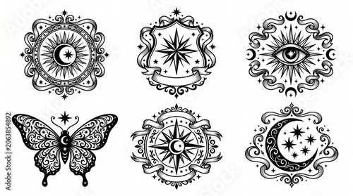Intricate black and white illustrations of mandalas, a butterfly, and celestial symbols are displayed in a decorative arrangement on a white background.