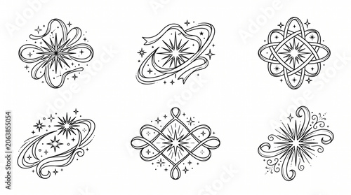 Intricate black line art designs of six symmetrical floral patterns and shapes arranged in two rows on a plain white background