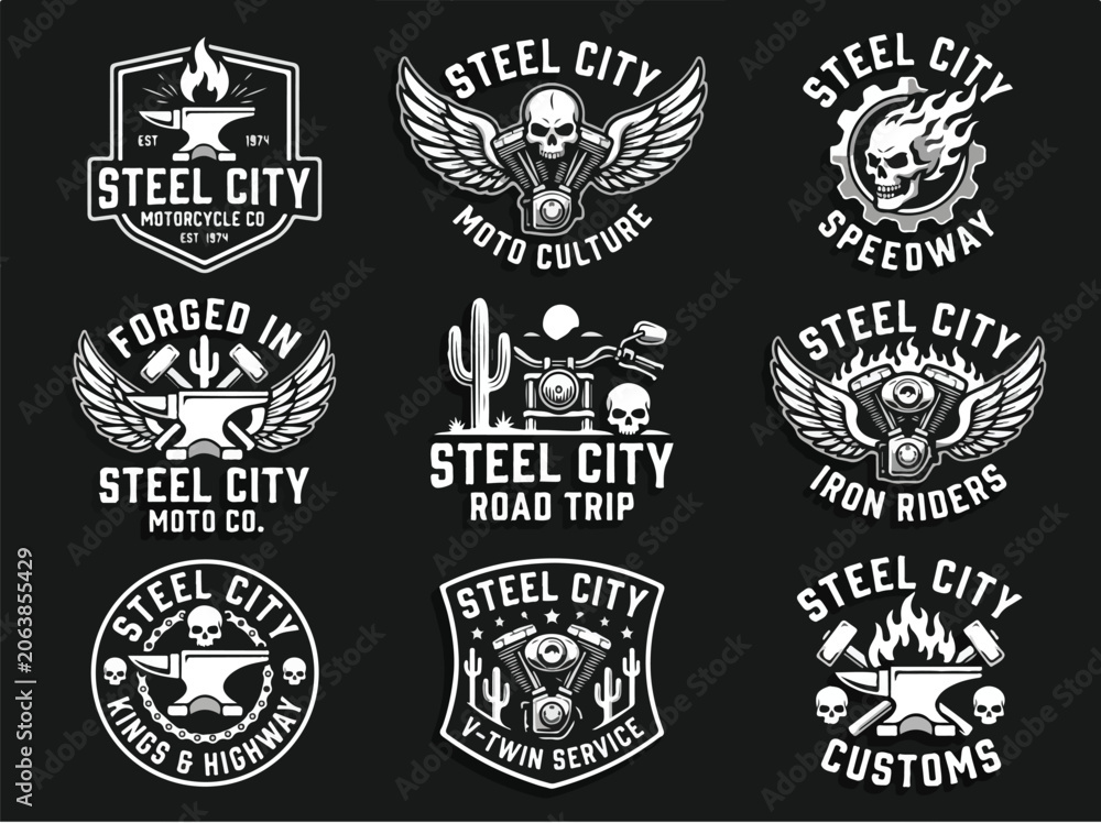 Fototapeta premium Steel City Motorcycle and Custom Shop Vintage Badge Collection with Skulls and Wings.