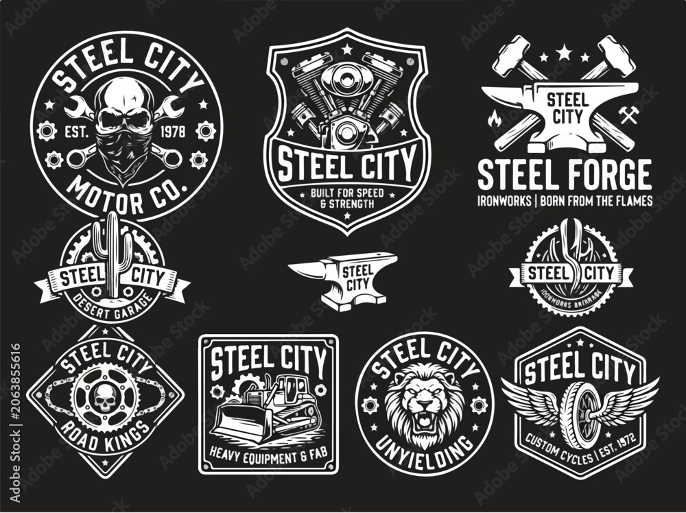Fototapeta premium Vintage Industrial and Automotive Logo Collection Featuring Steel City Motor Co and Steel Forge Badges.