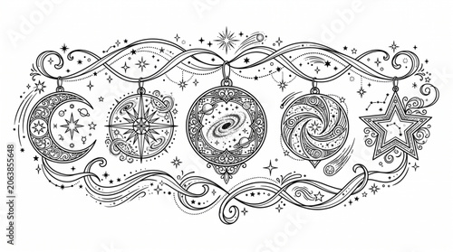 Illustration of hanging Christmas ornaments with swirling patterns and stars