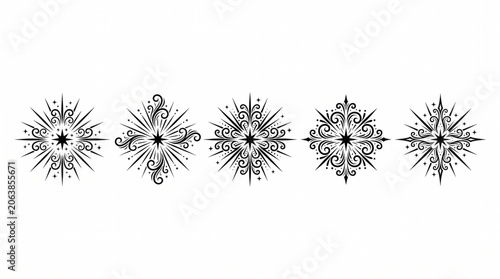 Black and white illustrations of five snowflakes with intricate designs on a plain background