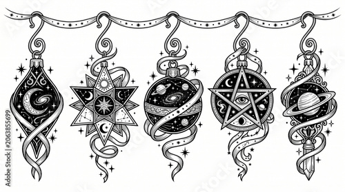 Five mystical symbols hang from a banner with snakes and stars.