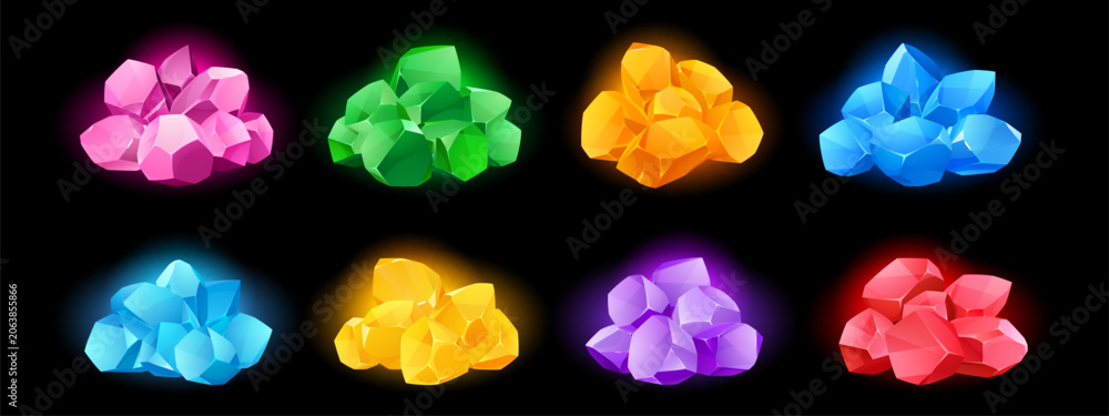 Fototapeta premium Game gem collection - treasure piles with colorful nuggets and diamond crystals. Cartoon vector icons of jewelry stones for UI design. Fantasy pirate gaming elements of jewel nugget assets.