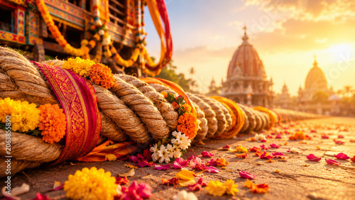 Traditional ratha yatra ceremonial rope decorated with marigold flowers and colorful fabric near temple chariot during sacred indian festival procession at sunrise
