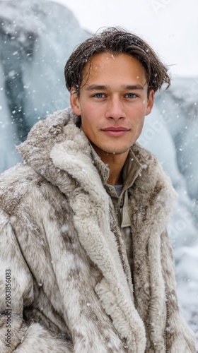 Young caucasian male in fur coat amidst snowy landscape