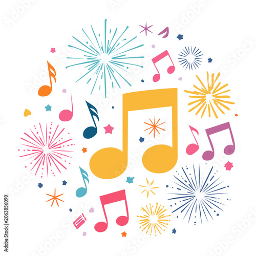 Colorful musical notes and fireworks illustration