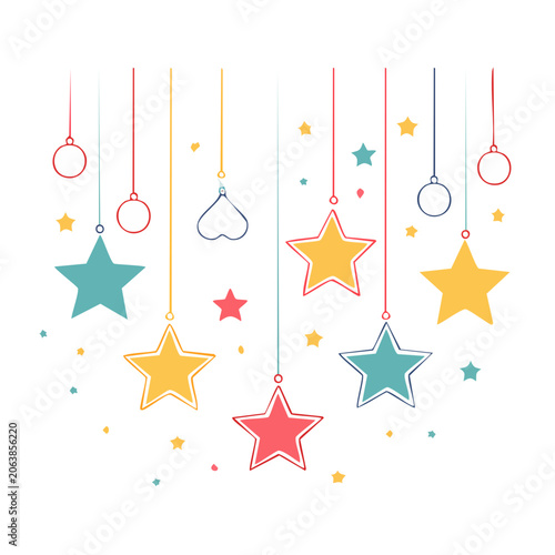 Colorful star and heart ornaments hanging on strings