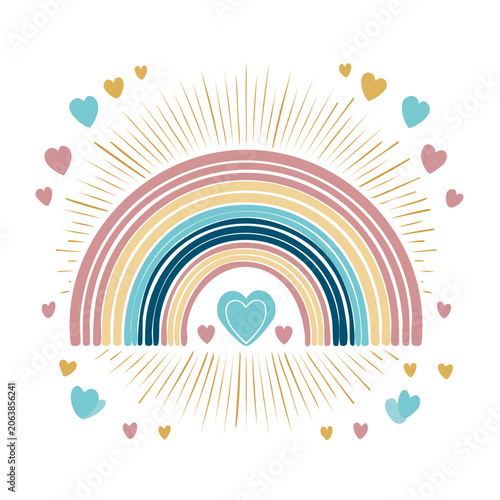Colorful rainbow with hearts and sunbeams illustration