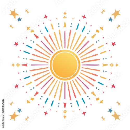 Colorful sun with rays and stars illustration