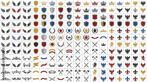 Bilde på lerret A comprehensive collection of heraldic symbols featuring crowns, shields, wings, eagles, lions, fleur-de-lis, crossed swords, axes, ribbons, and floral ornaments for emblem and logo design