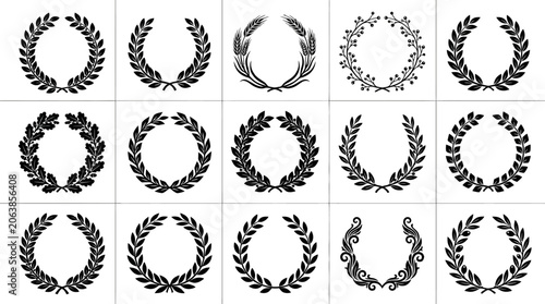 Tableau sur toile Collection of 15 black laurel wreath vector icons for awards, achievement, and victory symbols
