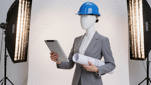 Mannequin Engineer in Hard Hat Holding Tablet and Blueprints on White Background