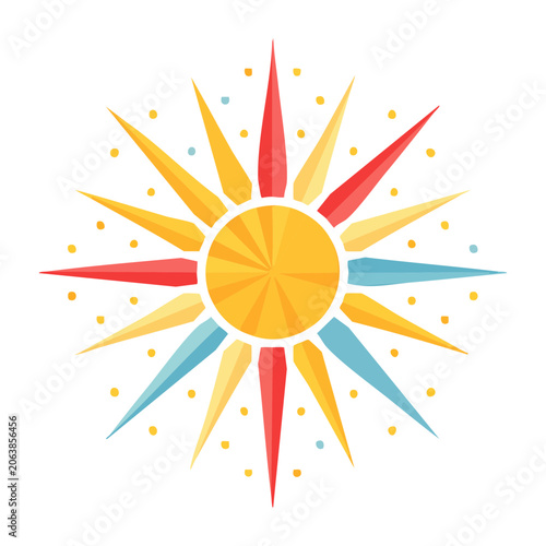 Flat design sun with colorful rays and dots