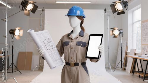 Mannequin Engineer with Blueprint and Tablet in Studio