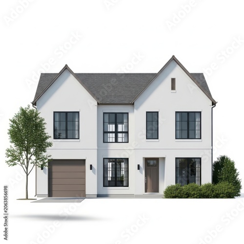 Modern two story house exterior design with garage and front yard isolated on white background
