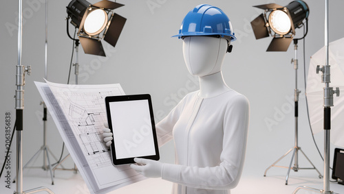Mannequin in Hard Hat with Blueprints and Digital Tablet