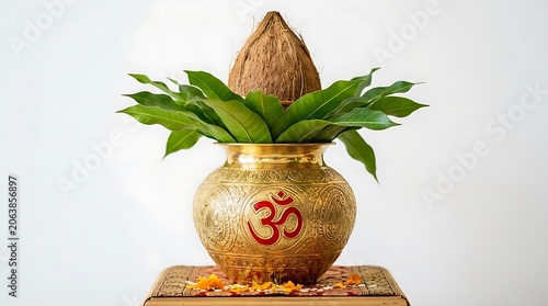 Durga puja kalash traditional brass pot with coconut and mango leaves