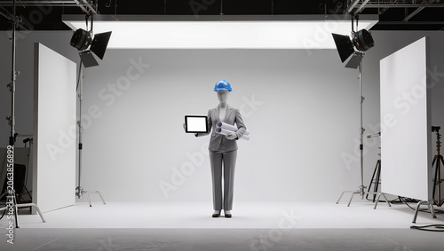Mannequin in Hard Hat with Digital Tablet and Blueprints in Studio