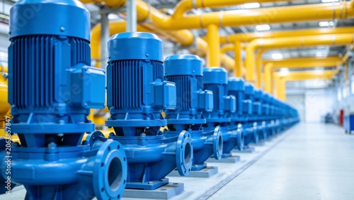 Blue industrial pumps in a factory