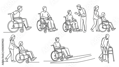 Accessible Wheelchair Mobility Set One Line Vector SVG Collection