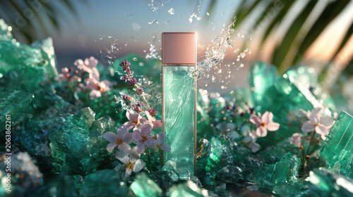 Luxurious perfume bottle with pink flower on green crystal. refreshing, elegant cosmetic in tropical nature setting