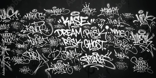 Photos Black and white graffiti tags wall art with various street art lettering styles