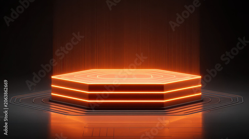Mysterious orange hexagonal platform with glowing neon lines. futuristic and minimalist empty podium on dark background