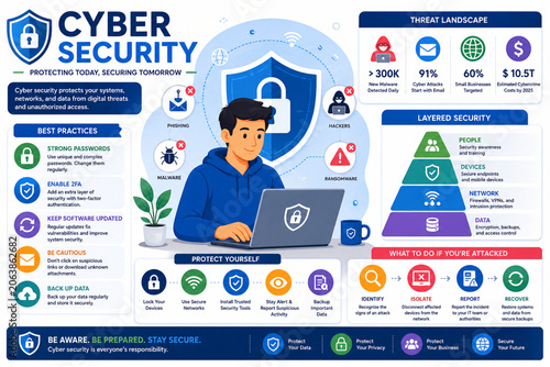 Cyber security infographic showing best practices and threat landscape for digital protection and data safety.