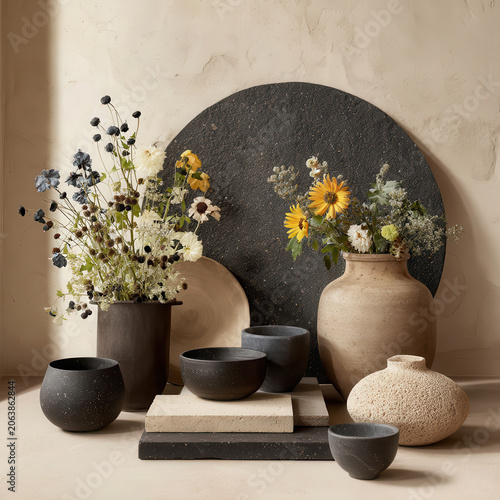 Serene still life decoration with rustic ceramic pottery, vase with flower arrangement in minimalist home interior