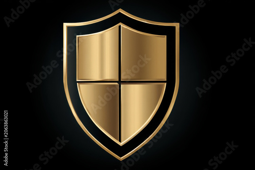 Golden shield security icon for safety and protection. This elegant design logo symbolizes strength and defense