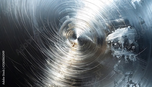 A swirling metallic surface with bright light reflections