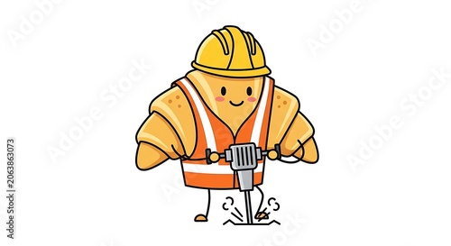 Cartoon construction worker in safety gear smiling.