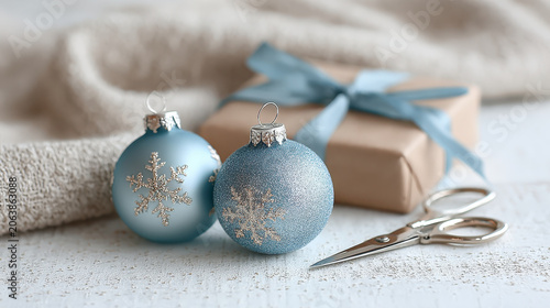 Festive holiday preparation with blue silver Christmas ornament, snowflake decoration, and cozy gift wrapped with ribbon