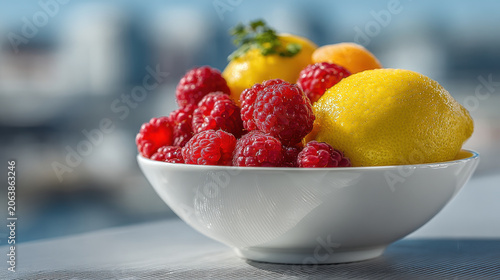 Fresh bowl of sunlit fruit with raspberry, lemon, and apricot. healthy and vibrant still life with natural light