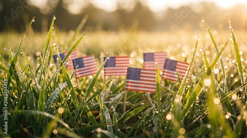 American flags in grassy field at sunset, patriotism concept
