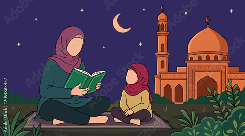 Fotografie Muslim mom and child reading holy book on prayer mat near mosque at night
