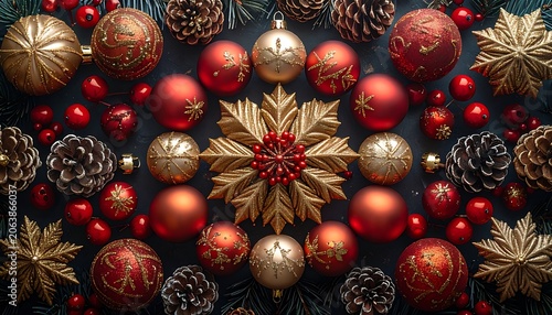 A vibrant arrangement of Christmas ornaments and pinecones (1)