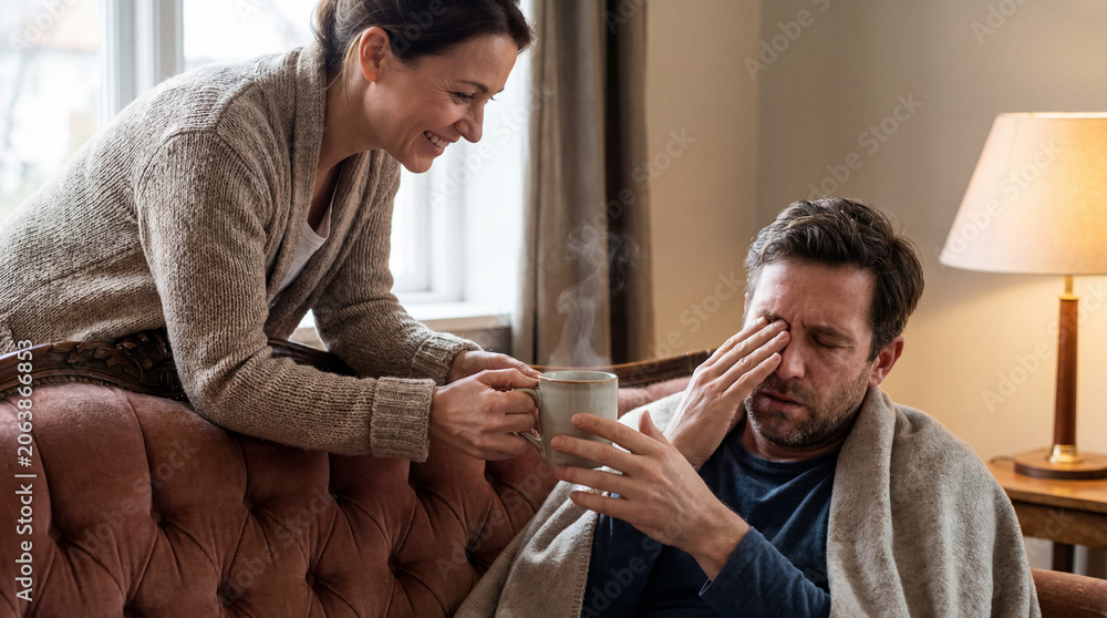 Fototapeta premium Loving woman comforting sick man with hot tea at home, showing care, support, and compassion in illness