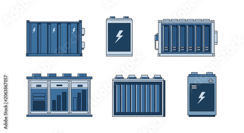Battery storage units with lightning symbol.
