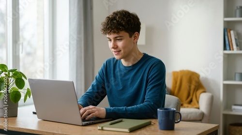 Smiling teenage boy working on a laptop at a desk in a home office. Young male student typing and studying online with a notebook. Remote learning and youth entrepreneurship concept