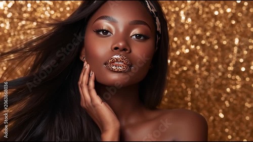 Close-up of a beautiful African American model's face, leopard print on a dark background, slow motion