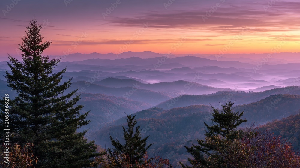 Naklejka premium Silhouetted Pines at Sunset in Georgia's Blue Ridge Mountains